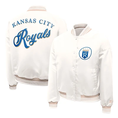 Women's Starter Cream Kansas City Royals Fashion Script Satin Full-Snap Varsity Jacket