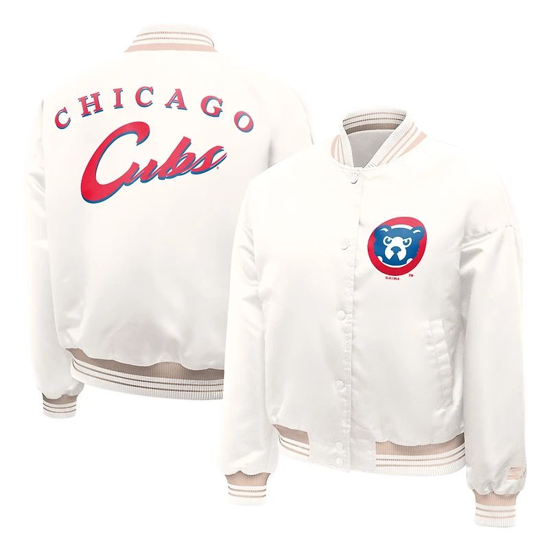 Women's Starter Cream Chicago Cubs Fashion Script Satin Full-Snap Varsity Jacket