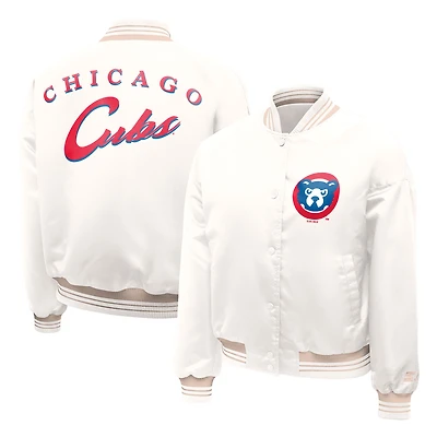 Women's Starter Cream Chicago Cubs Fashion Script Satin Full-Snap Varsity Jacket