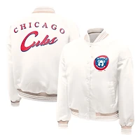 Women's Starter Cream Chicago Cubs Fashion Script Satin Full-Snap Varsity Jacket
