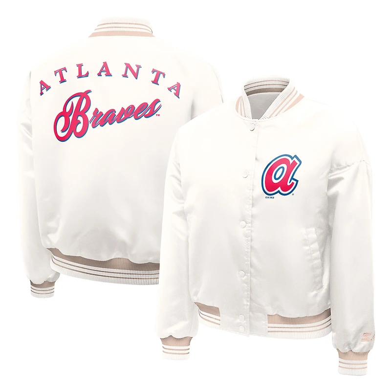 Women's Starter Cream Atlanta Braves Fashion Script Satin Full-Snap Varsity Jacket