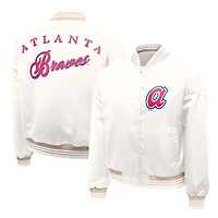 Women's Starter Cream Atlanta Braves Fashion Script Satin Full-Snap Varsity Jacket