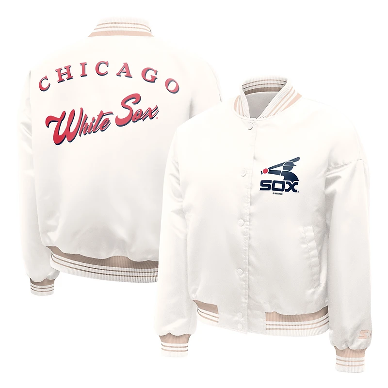 Women's Starter Cream Chicago White Sox Fashion Script Satin Full-Snap Varsity Jacket
