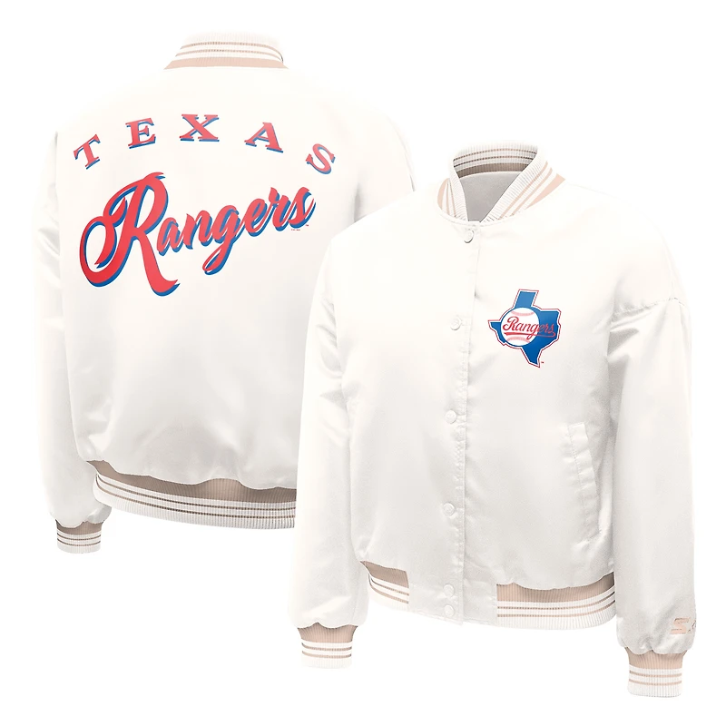 Women's Starter Cream Texas Rangers Fashion Script Satin Full-Snap Varsity Jacket