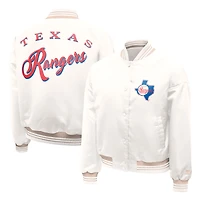 Women's Starter Cream Texas Rangers Fashion Script Satin Full-Snap Varsity Jacket