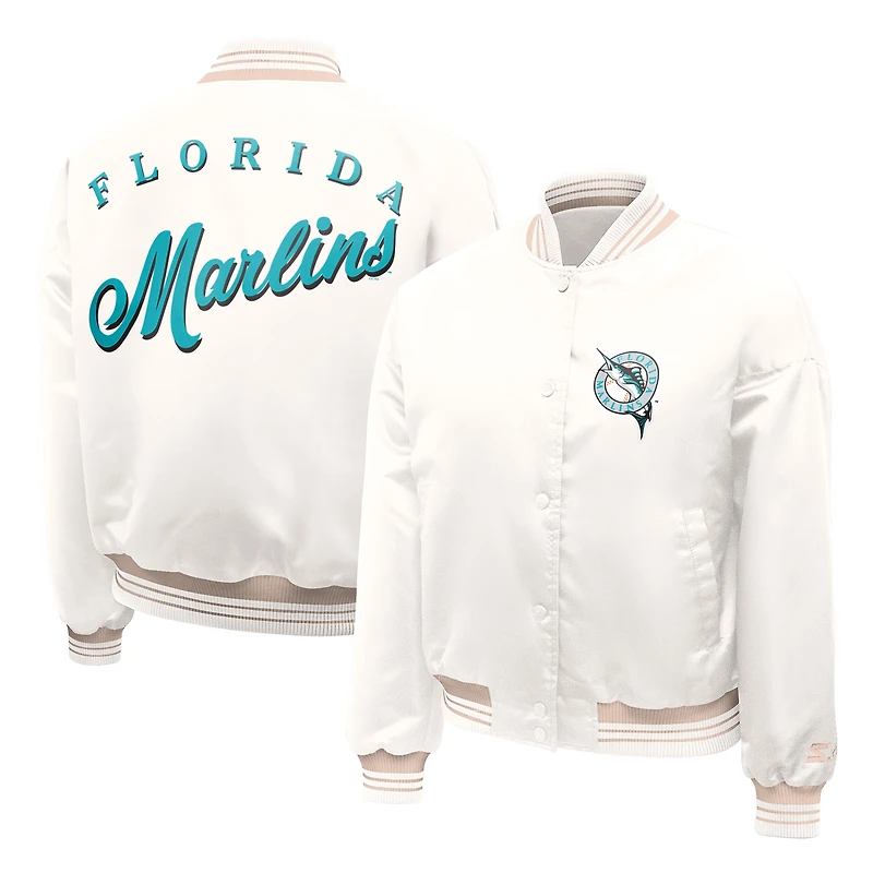 Women's Starter Cream Florida Marlins Cooperstown Collection Fashion Script Satin Full-Snap Varsity Jacket
