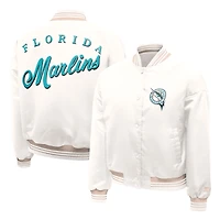 Women's Starter Cream Florida Marlins Cooperstown Collection Fashion Script Satin Full-Snap Varsity Jacket
