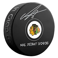 Anton Frondell Chicago Blackhawks Autographed Hockey Puck with "NHL Debut 3/24/26" Inscription