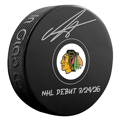 Anton Frondell Chicago Blackhawks Autographed Hockey Puck with "NHL Debut 3/24/26" Inscription