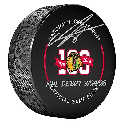 Anton Frondell Chicago Blackhawks Autographed 100th Anniversary Official Game Puck with "NHL Debut 3/24/26" Inscription