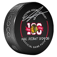 Anton Frondell Chicago Blackhawks Autographed 100th Anniversary Official Game Puck with "NHL Debut 3/24/26" Inscription