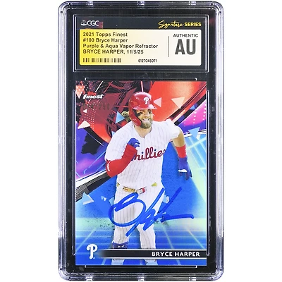 Bryce Harper Philadelphia Phillies Autographed 2021 Topps Finest Purple & Aqua Vapor Refractor #100 #/250 CGC Fanatics Witnessed Authenticated Card