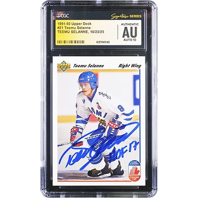 Teemu Selanne Finland Hockey Autographed 1991-92 Upper Deck #21 CGC Fanatics Witnessed Authenticated Auto 10 Rookie Card with "HOF 17" Inscription