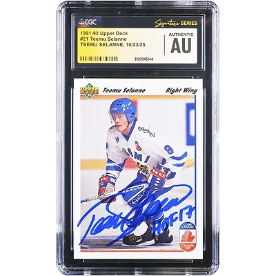 Teemu Selanne Finland Hockey Autographed 1991-92 Upper Deck #21 CGC Fanatics Witnessed Authenticated Rookie Card with "HOF 17" Inscription