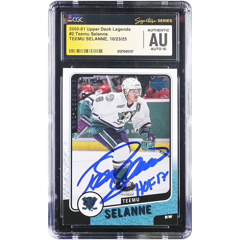 Teemu Selanne Anaheim Ducks Autographed 2000-01 Upper Deck Legends #2 CGC Fanatics Witnessed Authenticated Auto 10 Card with "HOF 17" Inscription