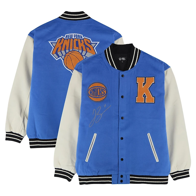 Jalen Brunson New York Knicks Autographed Cream/Blue FISLL Unisex Full-Snap Varsity Jacket