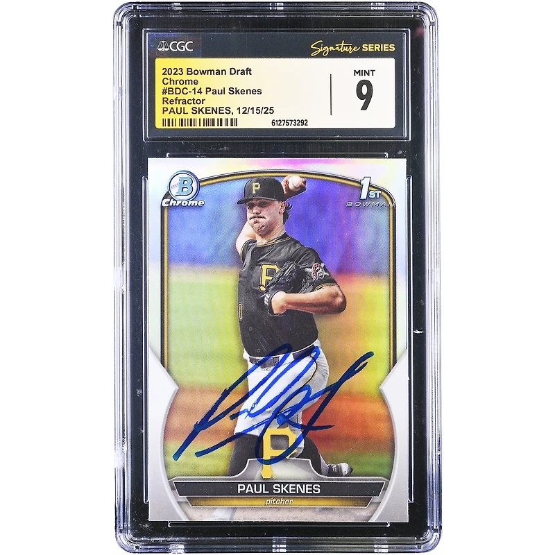 Paul Skenes Pittsburgh Pirates Autographed 2023 Topps Bowman Draft Chrome 1st Bowman Refractor #BDC-14 CGC Authenticated Mint 9 Card