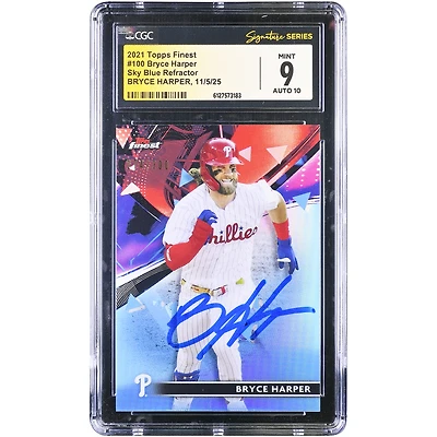Bryce Harper Philadelphia Phillies Autographed 2021 Topps Finest Sky Blue Refractor #100 #/300 CGC Authenticated 9/10 Card