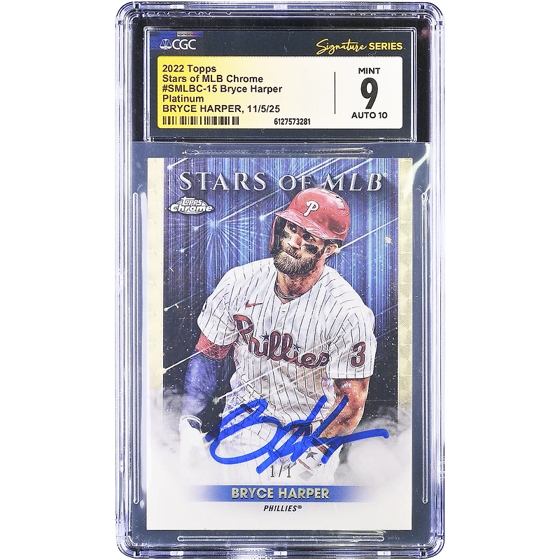 Bryce Harper Philadelphia Phillies Autographed 2022 Topps Chrome Stars of MLB Platinum #SMLBC-15 #1/1 CGC Authenticated 9/10 Card