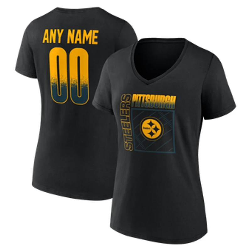 Women's Black Pittsburgh Steelers Home Field Pop Personalized Name & Number V-Neck T-Shirt