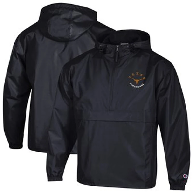 Men's Champion  Black Texas Longhorns Packable Hooded Windbreaker Half-Zip Jacket