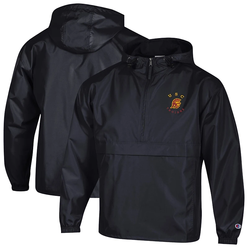 Men's Champion Black USC Trojans Packable Hooded Windbreaker Half-Zip Jacket