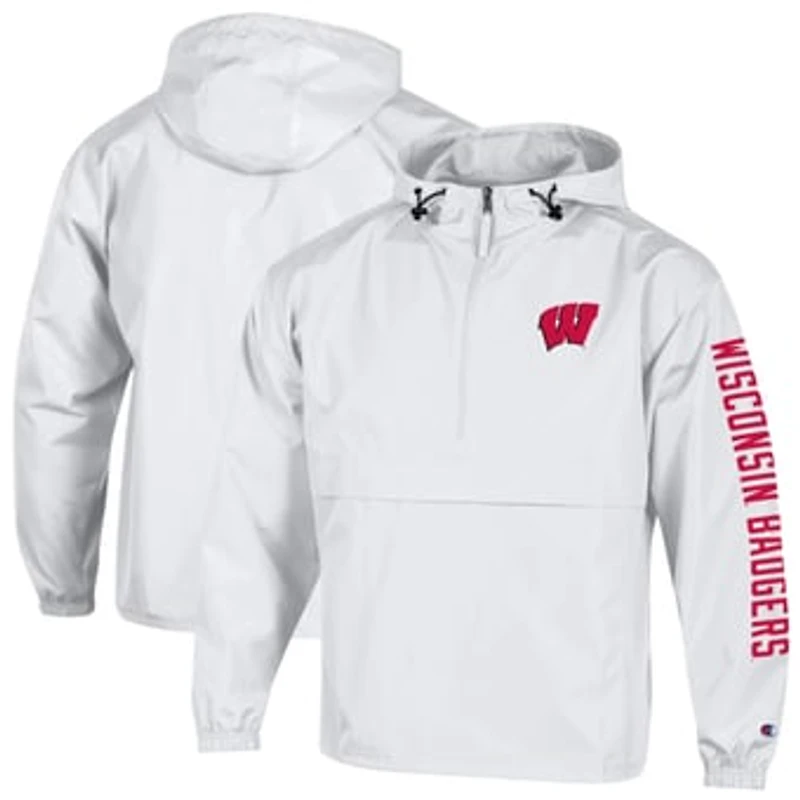 Men's Champion White Wisconsin Badgers Cloud Packable Half-Zip Hooded Jacket