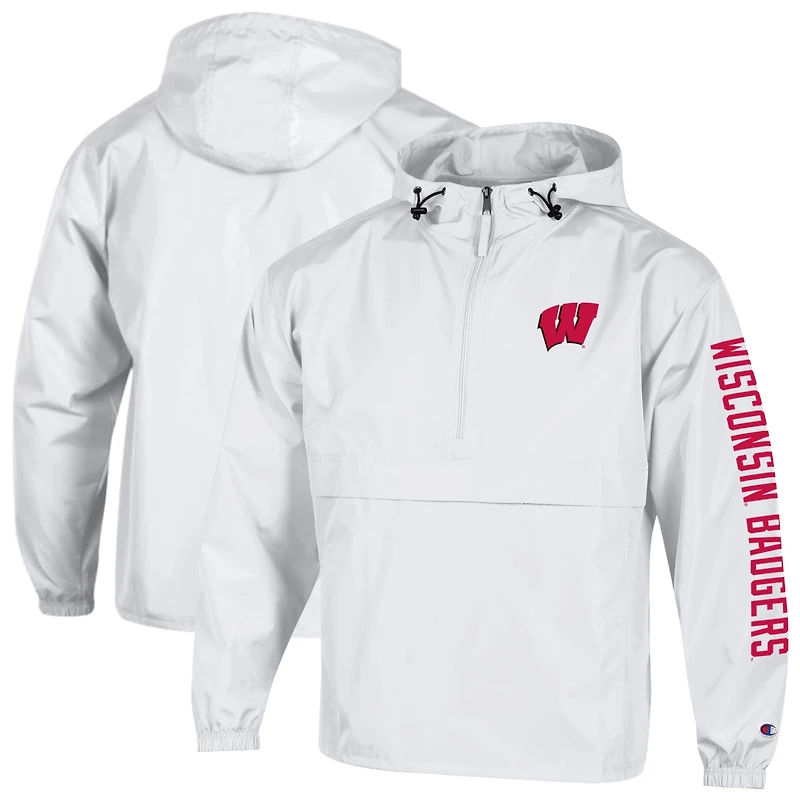 Men's Champion White Wisconsin Badgers Cloud Packable Half-Zip Hooded Jacket