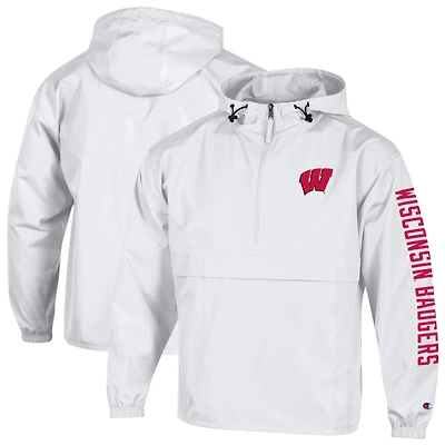 Men's Champion White Wisconsin Badgers Cloud Packable Half-Zip Hooded Jacket