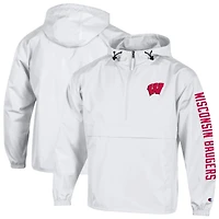Men's Champion  White Wisconsin Badgers Cloud Packable Half-Zip Hooded Jacket