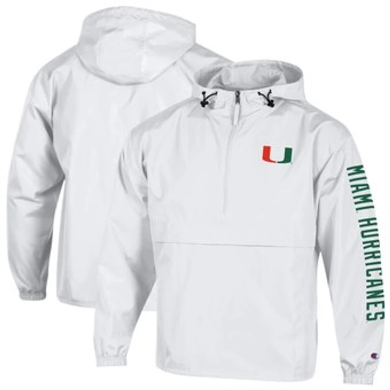 Men's Champion White Miami Hurricanes Cloud Packable Half-Zip Hooded Jacket
