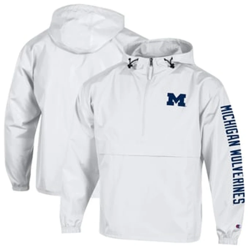 Men's Champion White Michigan Wolverines Cloud Packable Half-Zip Hooded Jacket