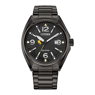 Men's Citizen Watch Black Wyoming Cowboys Eco-Drive Sport Casual Stainless Steel Black Dial Bracelet Watch