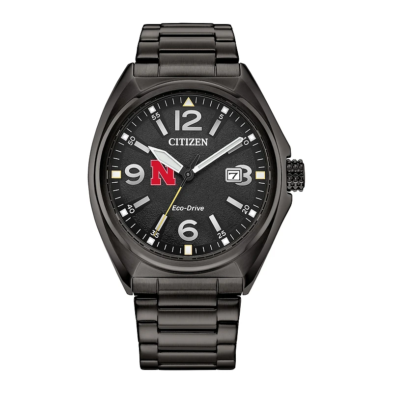 Men's Citizen Watch Black Nebraska Huskers Eco-Drive Sport Casual Stainless Steel Black Dial Bracelet Watch