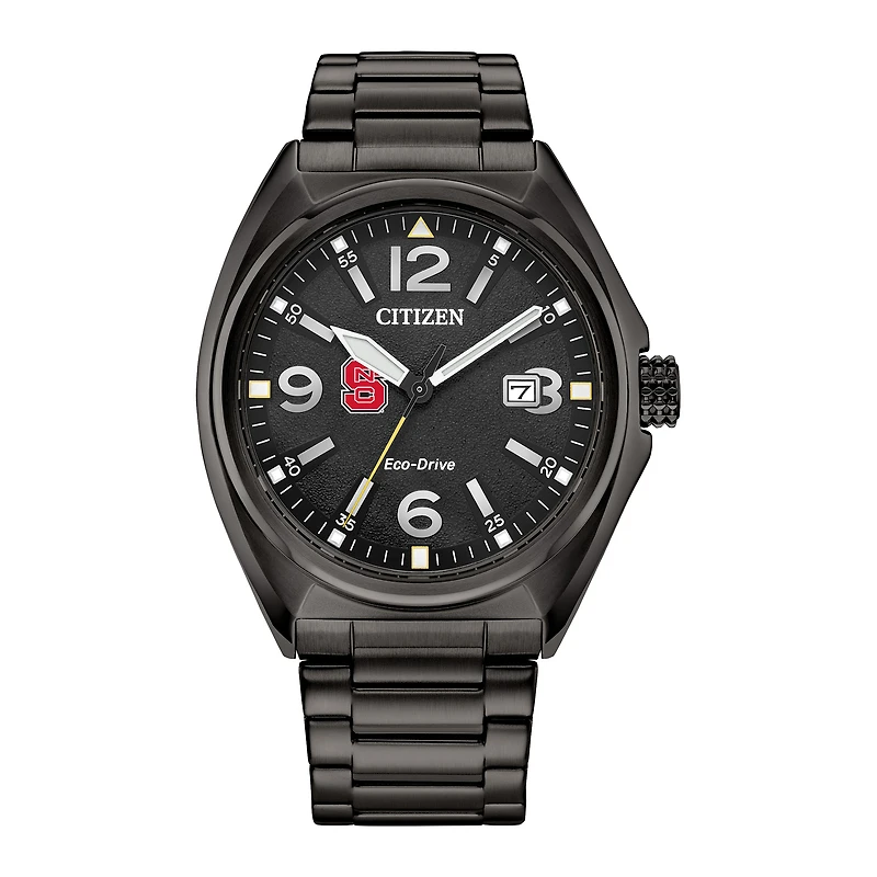 Men's Citizen Watch Black NC State Wolfpack Eco-Drive Sport Casual Stainless Steel Black Dial Bracelet Watch