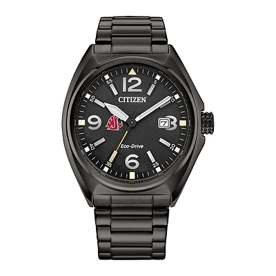 Men's Citizen Watch Black Washington State Cougars Eco-Drive Sport Casual Stainless Steel Black Dial Bracelet Watch