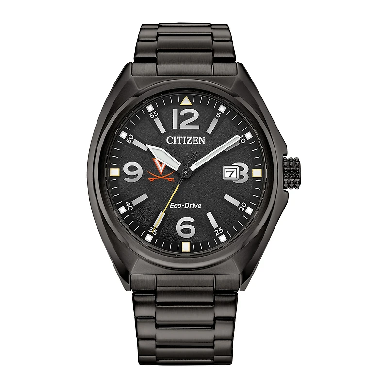 Men's Citizen Watch Black Virginia Cavaliers Eco-Drive Sport Casual Stainless Steel Black Dial Bracelet Watch