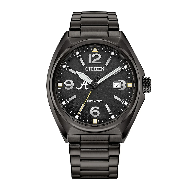 Men's Citizen Watch Black Alabama Crimson Tide Eco-Drive Sport Casual Stainless Steel Black Dial Bracelet Watch