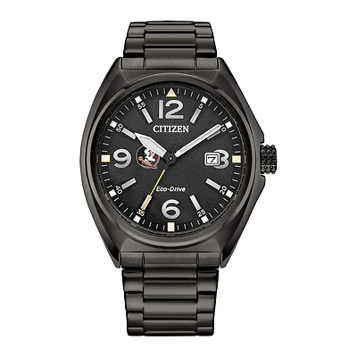 Men's Citizen Watch Black Florida State Seminoles Eco-Drive Sport Casual Stainless Steel Black Dial Bracelet Watch