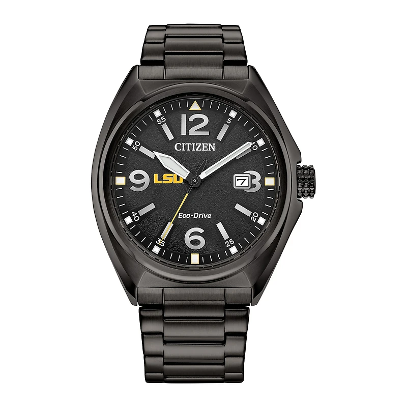 Men's Citizen Watch Black LSU Tigers Eco-Drive Sport Casual Stainless Steel Black Dial Bracelet Watch