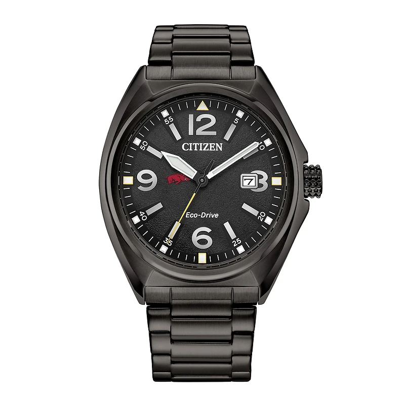 Men's Citizen Watch Black Arkansas Razorbacks Eco-Drive Sport Casual Stainless Steel Black Dial Bracelet Watch