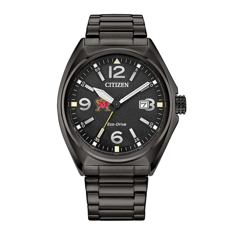 Men's Citizen Watch Black Maryland Terrapins Eco-Drive Sport Casual Stainless Steel Black Dial Bracelet Watch