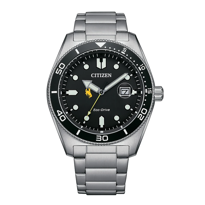 Men's Citizen Watch Silver Wyoming Cowboys Eco-Drive Sport Casual Stainless Black Dial Steel Watch