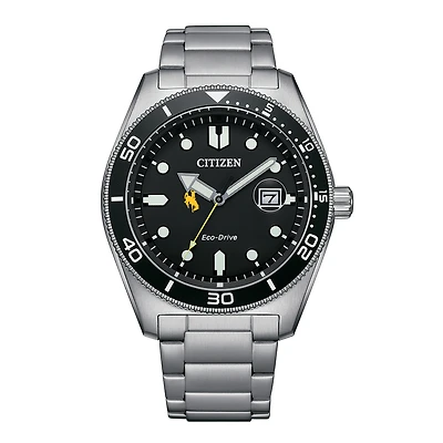 Men's Citizen Watch Silver Wyoming Cowboys Eco-Drive Sport Casual Stainless Black Dial Steel Watch