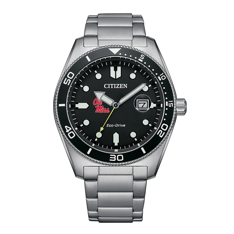 Men's Citizen Watch Silver Ole Miss Rebels Eco-Drive Sport Casual Stainless Black Dial Steel Watch