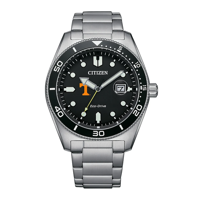Men's Citizen Watch Silver Tennessee Volunteers Eco-Drive Sport Casual Stainless Black Dial Steel Watch