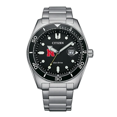 Men's Citizen Watch Silver Nebraska Huskers Eco-Drive Sport Casual Stainless Black Dial Steel Watch