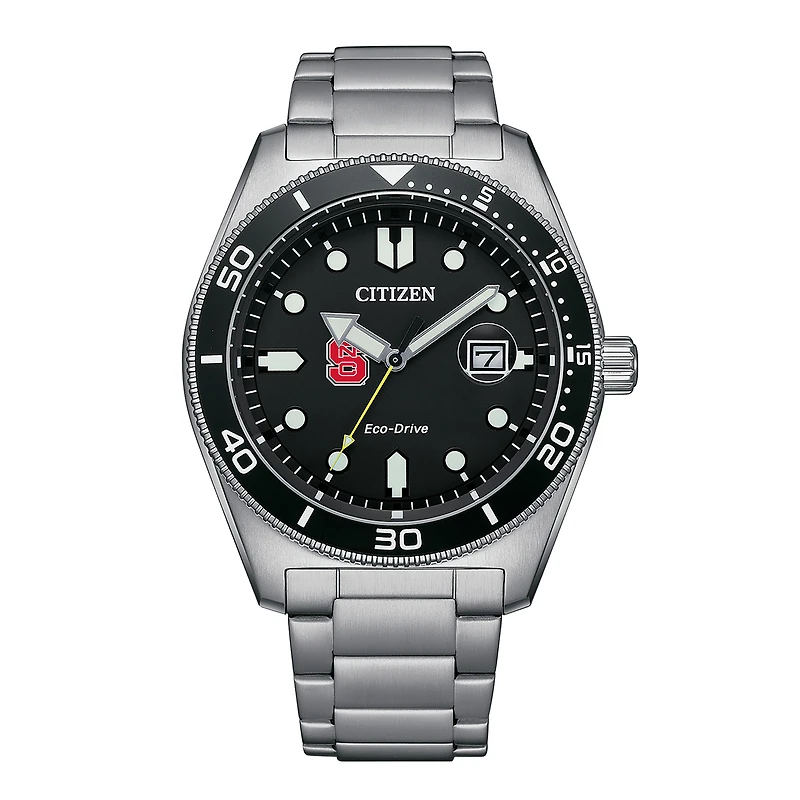 Men's Citizen Watch Silver NC State Wolfpack Eco-Drive Sport Casual Stainless Black Dial Steel Watch