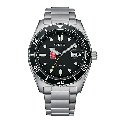 Men's Citizen Watch Silver NC State Wolfpack Eco-Drive Sport Casual Stainless Black Dial Steel Watch