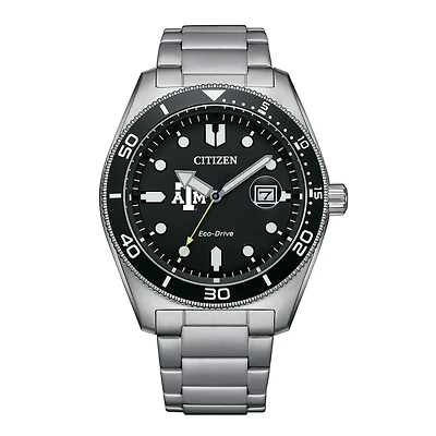 Men's Citizen Watch Silver Texas A&M Aggies Eco-Drive Sport Casual Stainless Black Dial Steel Watch